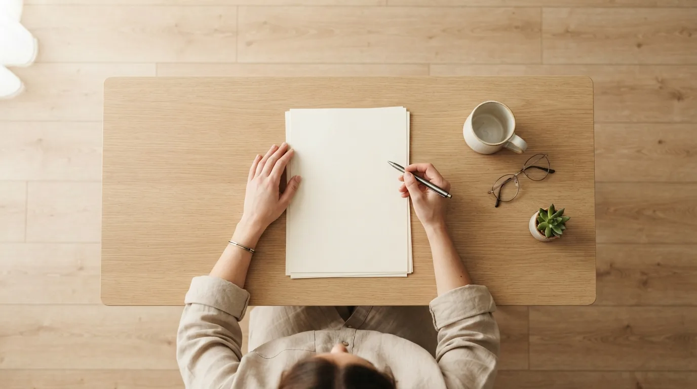 Pessoa lendo páginas de uma declaração impressa com uma caneta na mão, em uma mesa de escritório