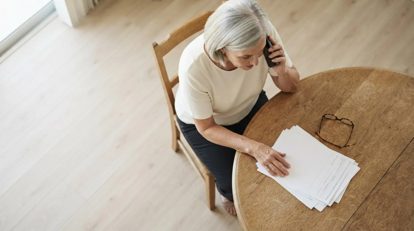 Senhor idoso em uma mesa de cozinha, com envelopes de correspondência, um notebook e uma xícara de café, em luz natural de manhã