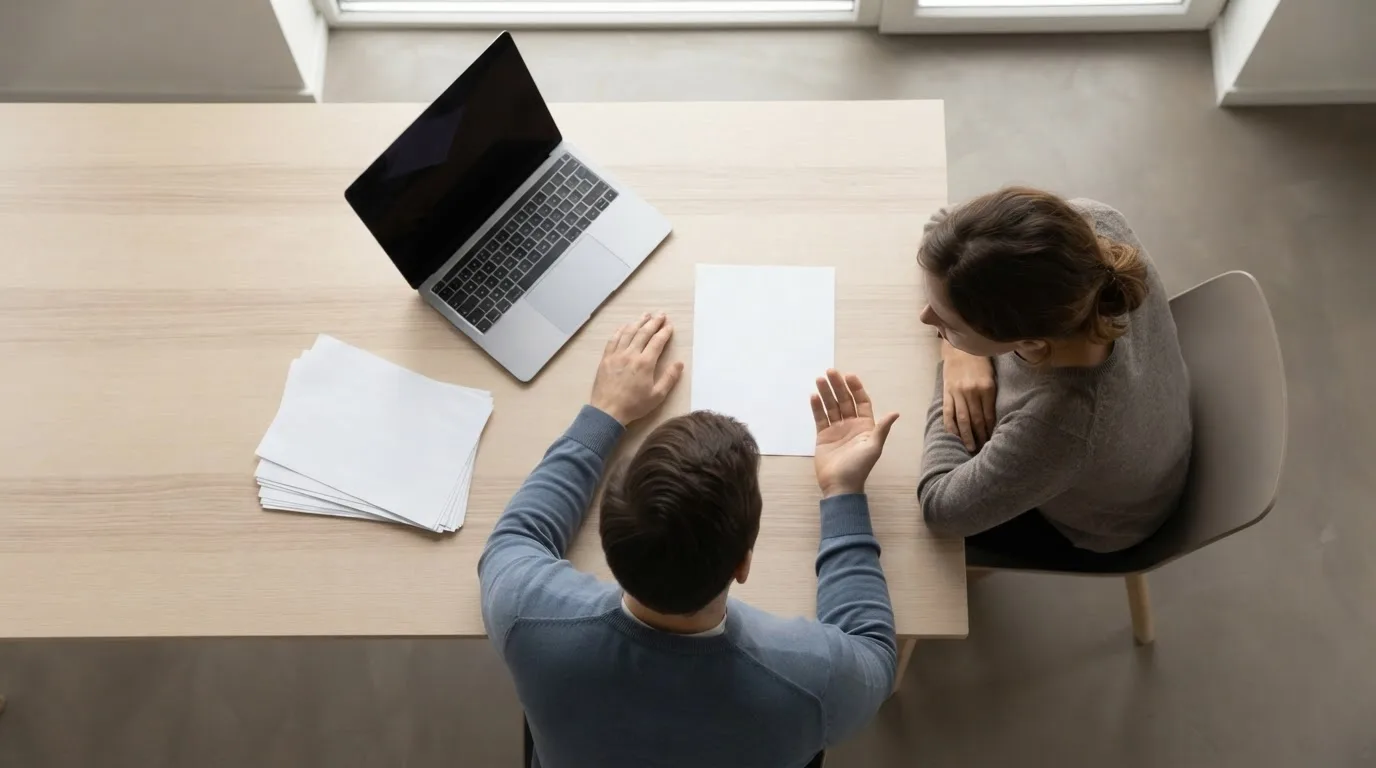 Planilha de lançamentos contábeis em um notebook ao lado de uma pilha de extratos impressos e uma caneta