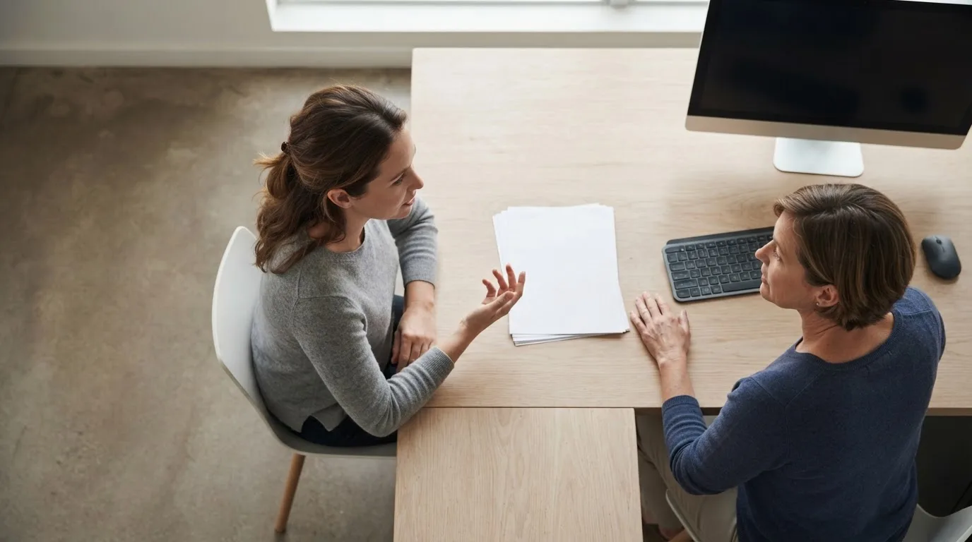 Profissional conferindo relatórios impressos ao lado de um monitor com planilhas, em uma sala de escritório