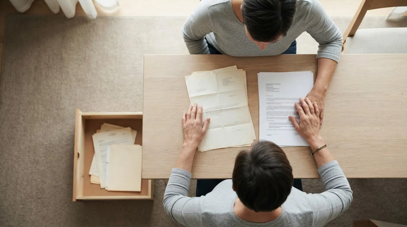 Duas pastas de documentos abertas lado a lado sobre uma mesa, uma com um testamento e outra com formulários de banco