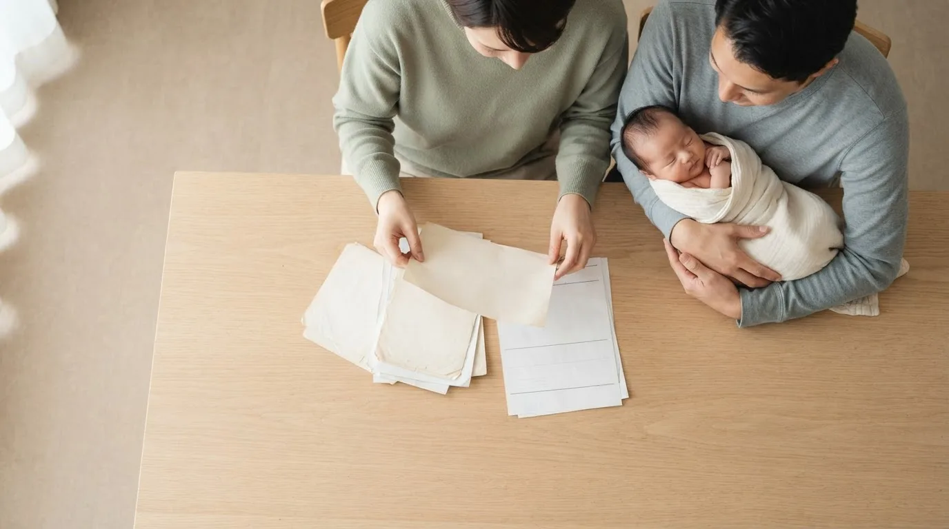 Mãos separando pastas de documentos e apólices sobre uma mesa de trabalho