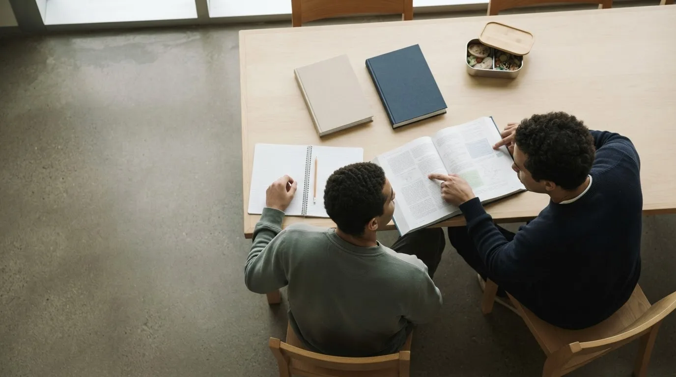 Estudante em uma mesa de biblioteca universitária com um laptop, um caderno e um contracheque ao lado
