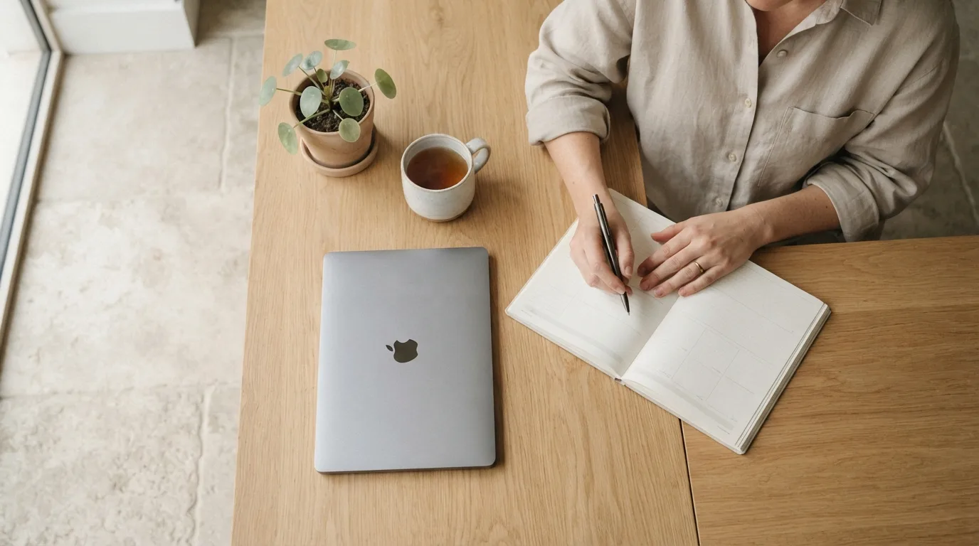 Laptop aberto e uma pasta de documentos organizada sobre uma mesa, com um calendário de parede ao fundo