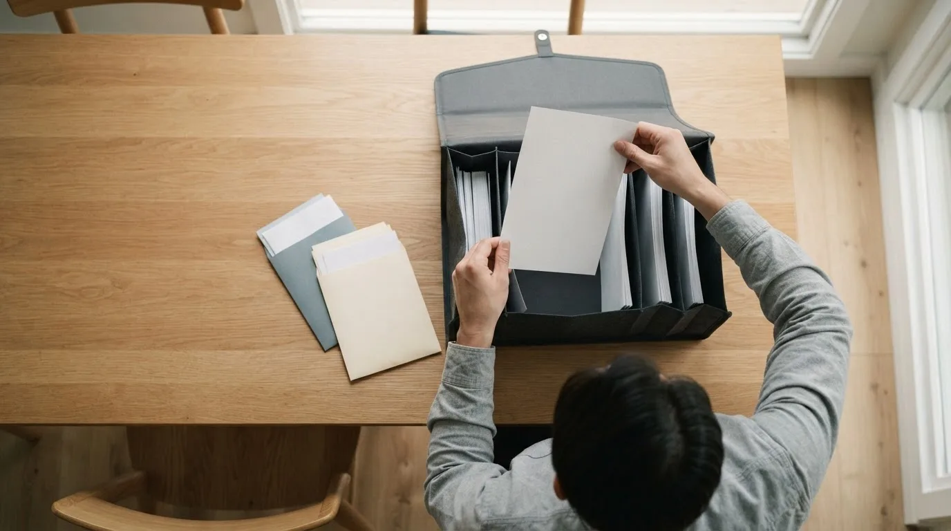 Mesa com uma pasta de documentos aberta, uma calculadora e um calendário de parede, em tons de azul e cinza