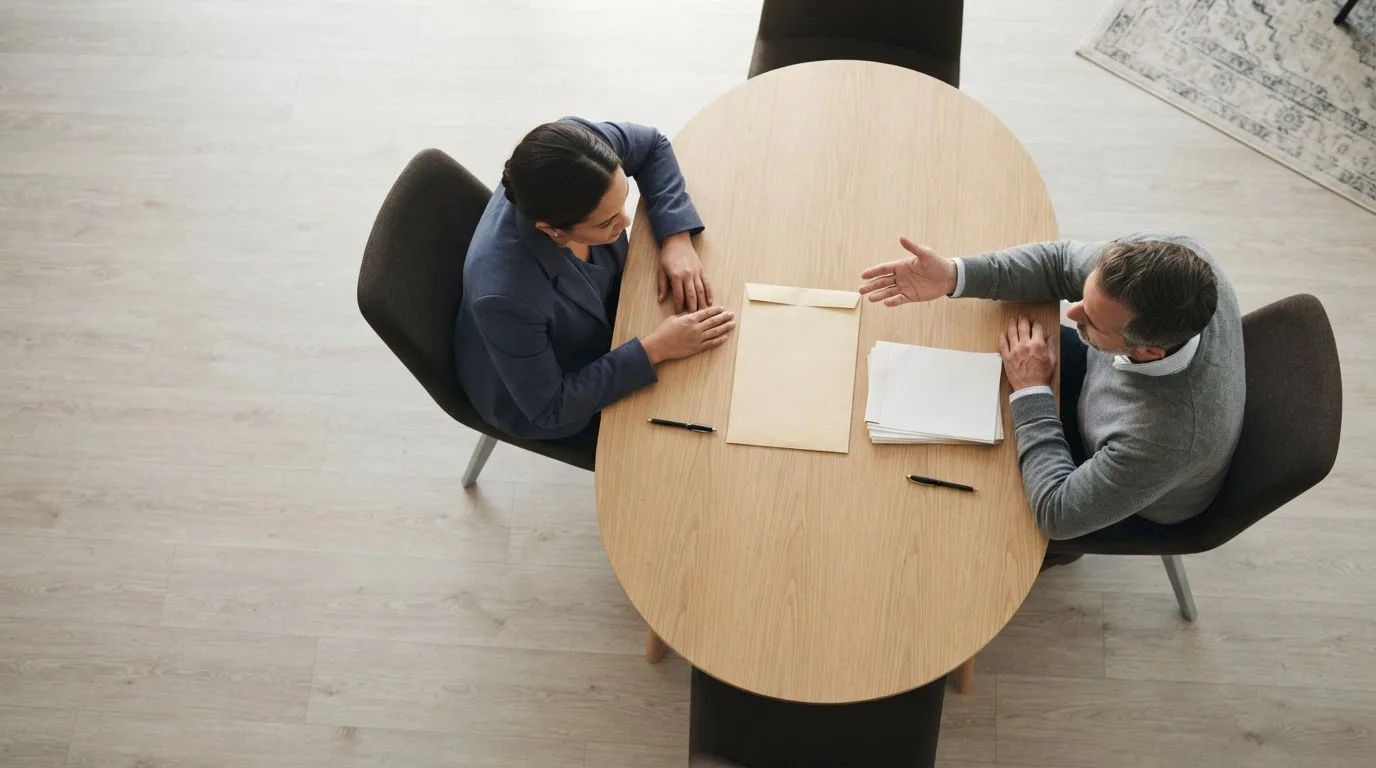 Duas pessoas de terno conversando em uma sala de reunião, com documentos e um notebook sobre a mesa