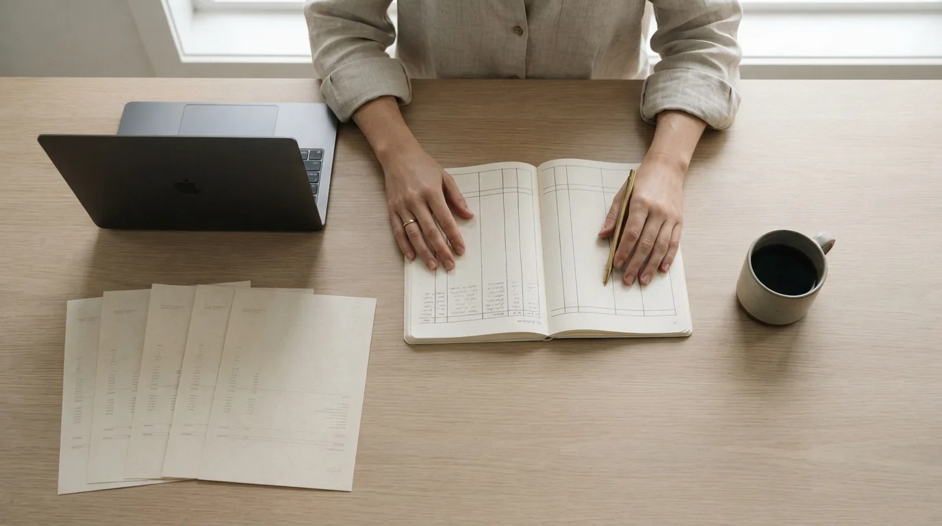 Extratos impressos de contas diferentes espalhados sobre uma mesa, com um notebook aberto em uma planilha