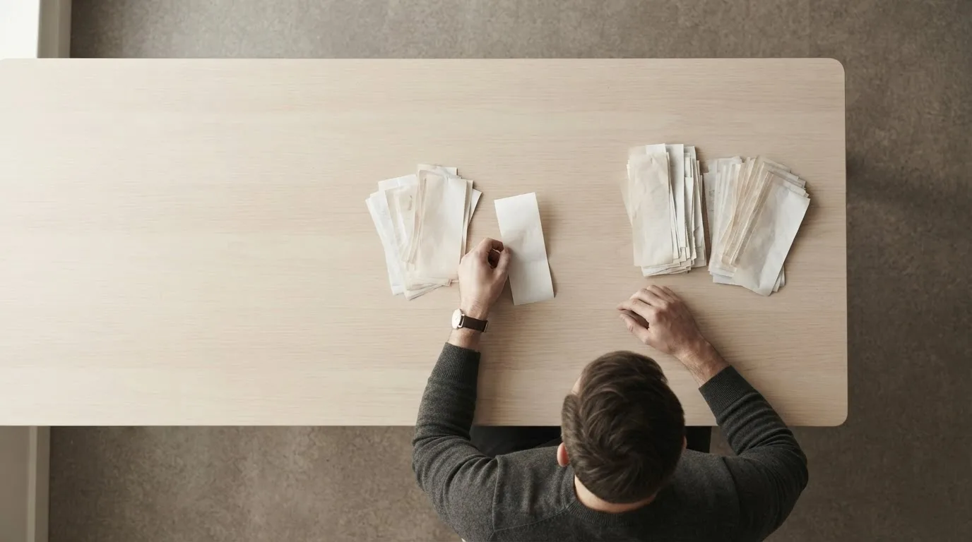 Cartão de crédito e recibos separados em dois montes sobre uma mesa, com um notebook ao fundo