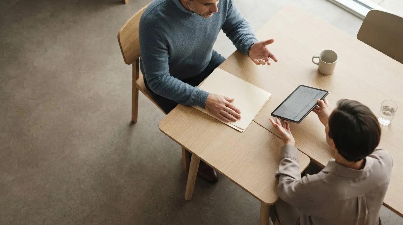 Pessoa lendo uma lista de perguntas impressa diante de um notebook em uma mesa de escritório com luz natural