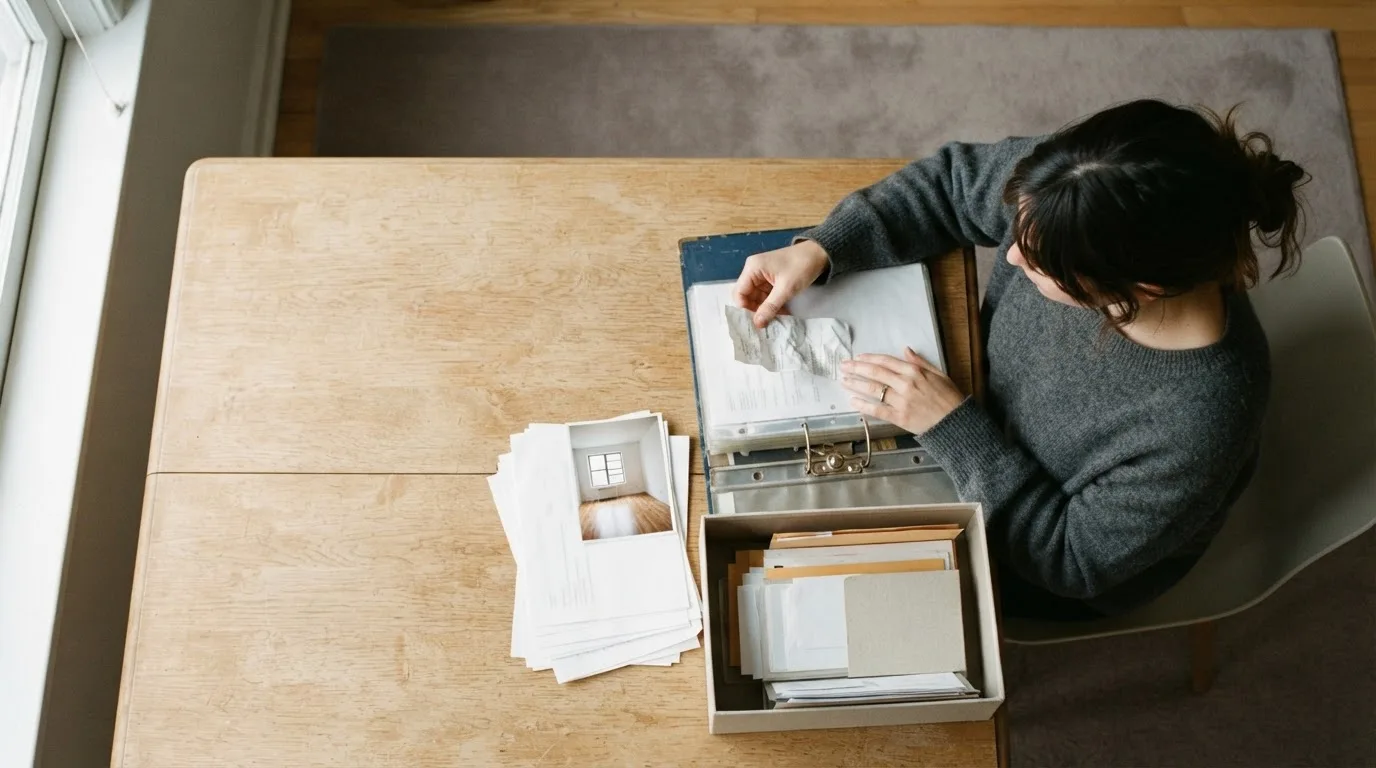 Mesa de trabalho com planilhas impressas, um caderno de lançamentos e uma xícara de café