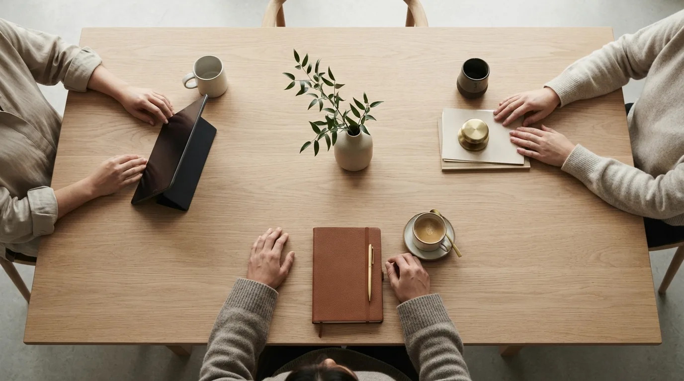 Três profissionais ao redor de uma mesa de reunião, com documentos e um notebook abertos