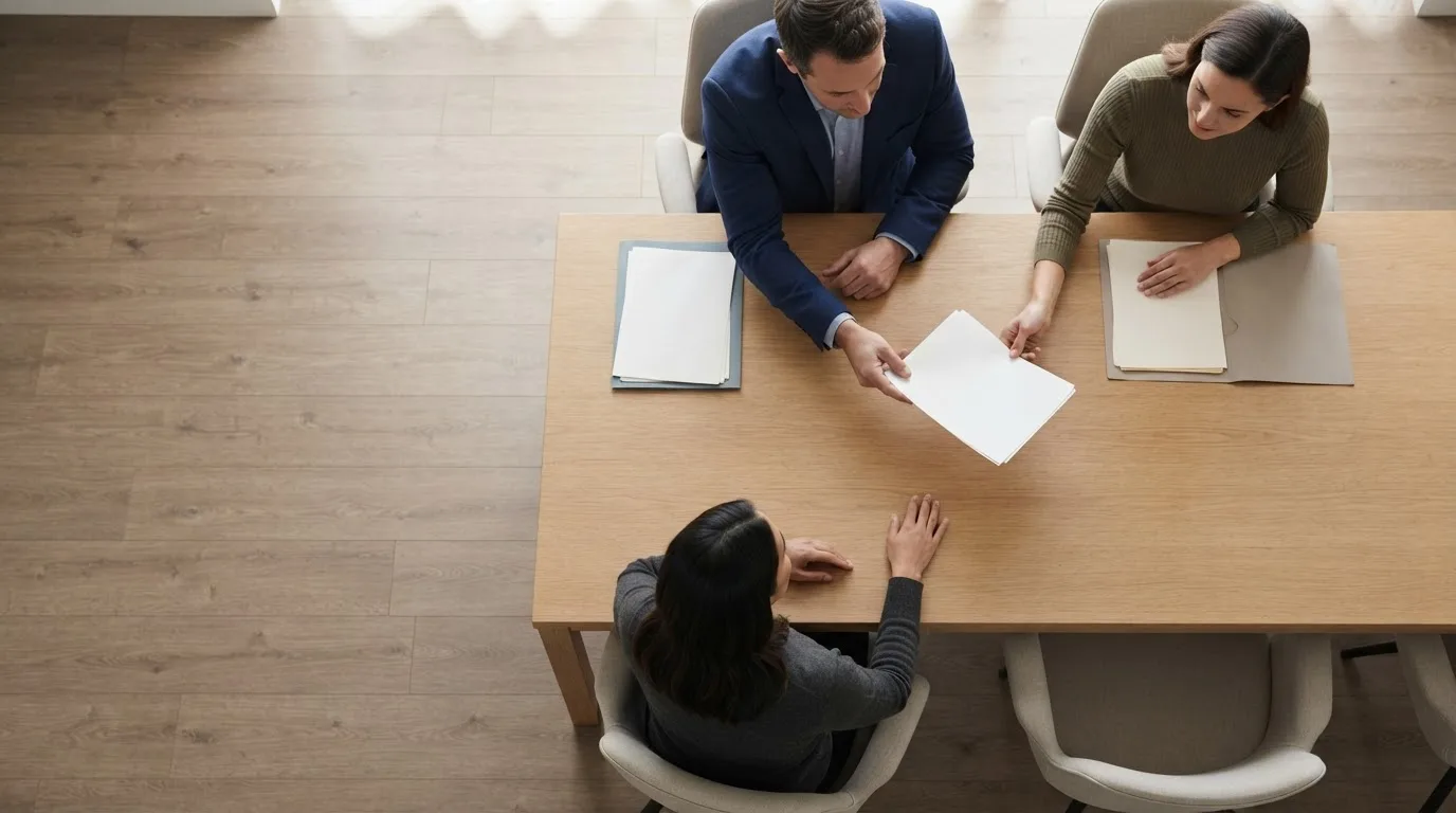 Dois profissionais conversando sobre documentos em uma mesa de reunião, com um notebook aberto