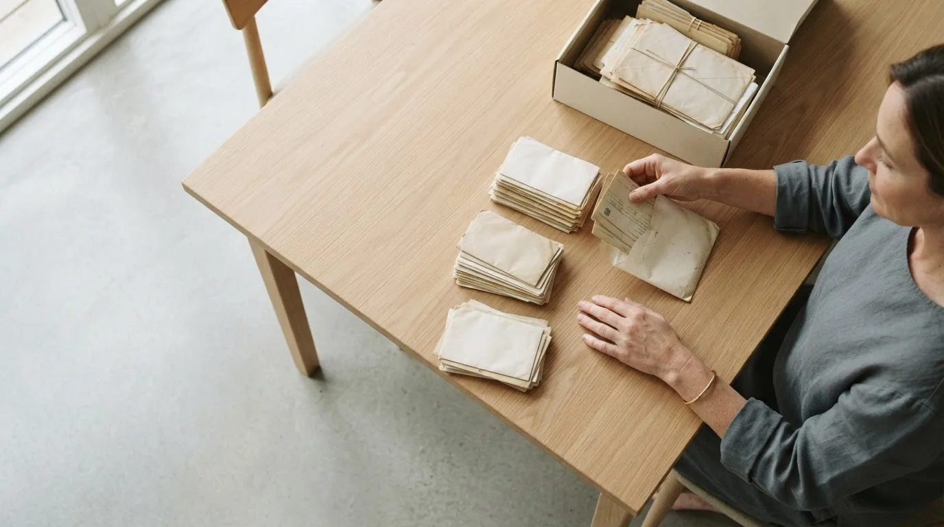 Extratos bancários e uma pasta de documentos organizados sobre uma mesa, com uma caneta ao lado
