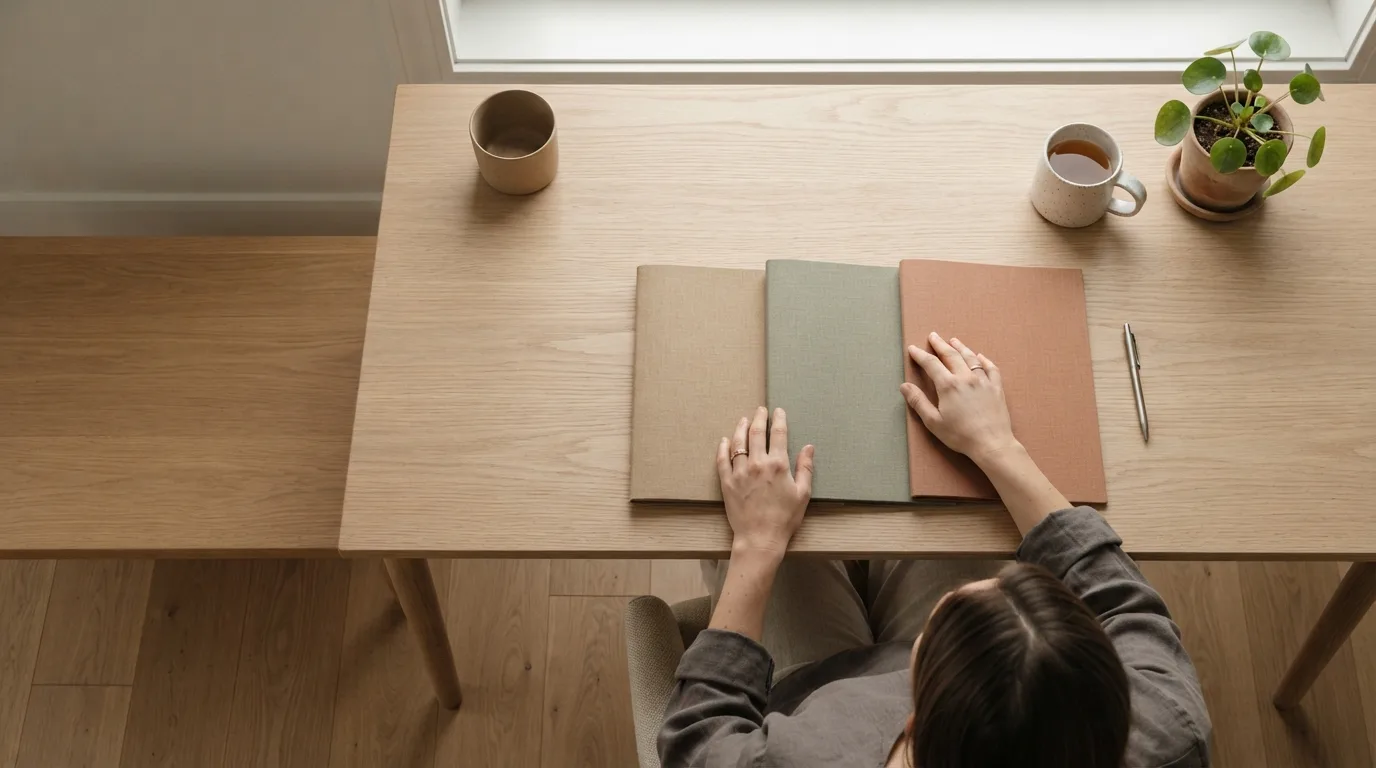 Mesa de reunião com um mapa-múndi, cadernos e notebooks de pessoas conversando sobre documentos