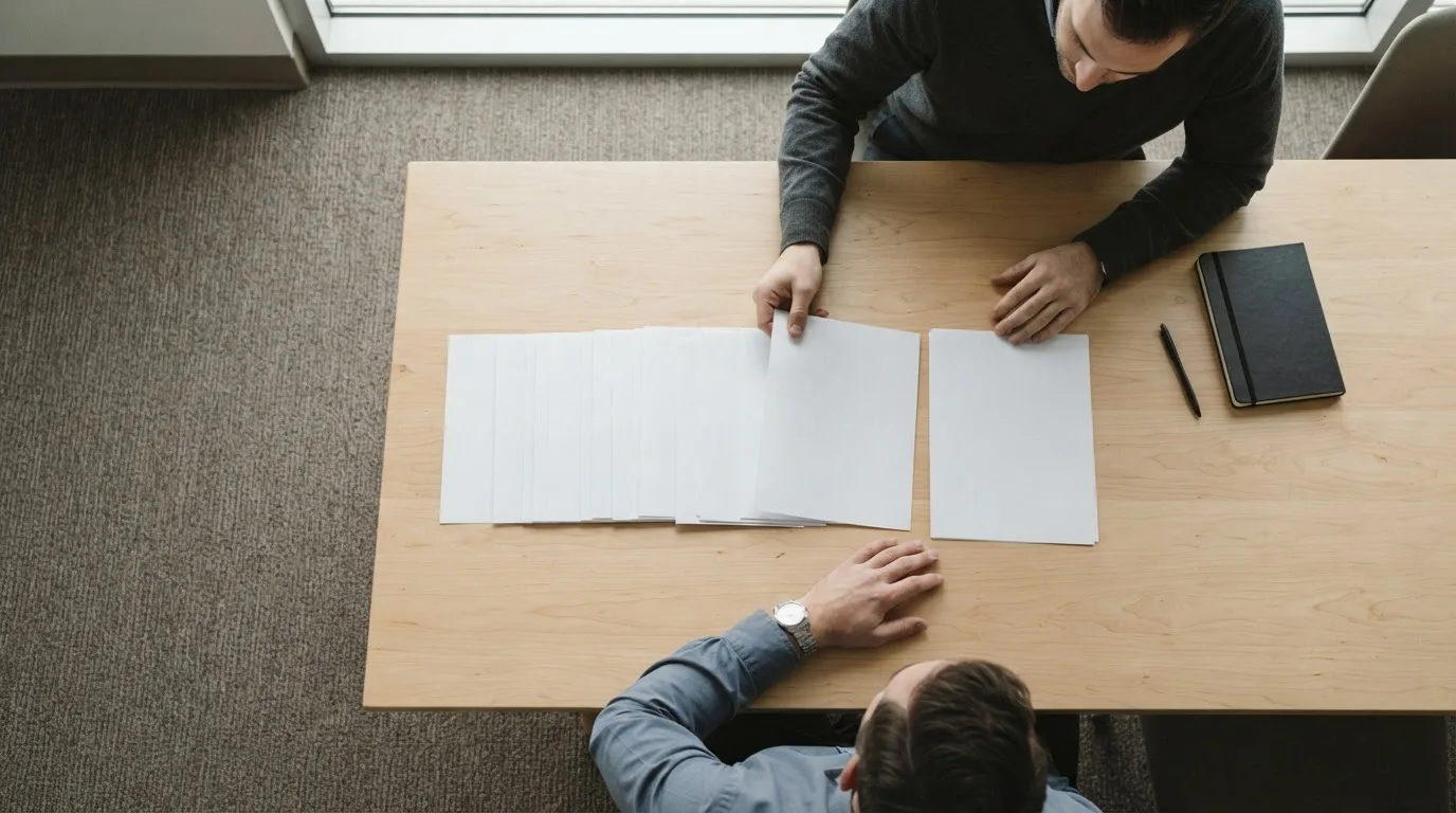 Mãos separando recibos e extratos em pilhas sobre uma mesa, ao lado de um notebook aberto