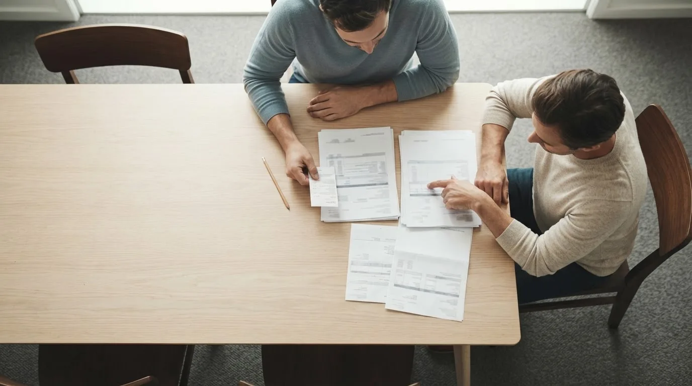 Duas folhas de declaração lado a lado sobre uma mesa, com uma calculadora e uma caneta entre elas
