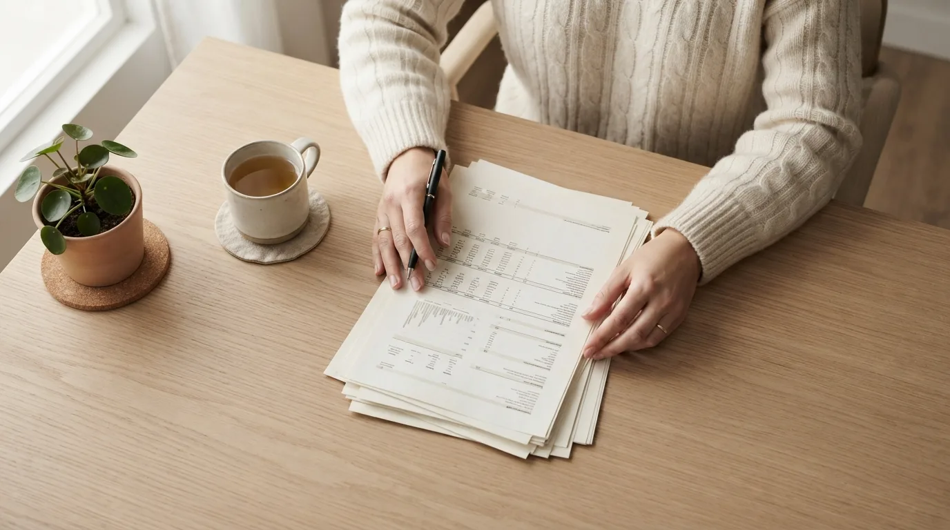 Mesa de trabalho com uma pasta de balanços, calculadora e um computador aberto na declaração de ajuste anual