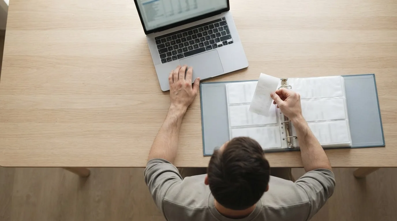 Planilha impressa com colunas de datas e valores ao lado de um notebook e de recibos de transferência