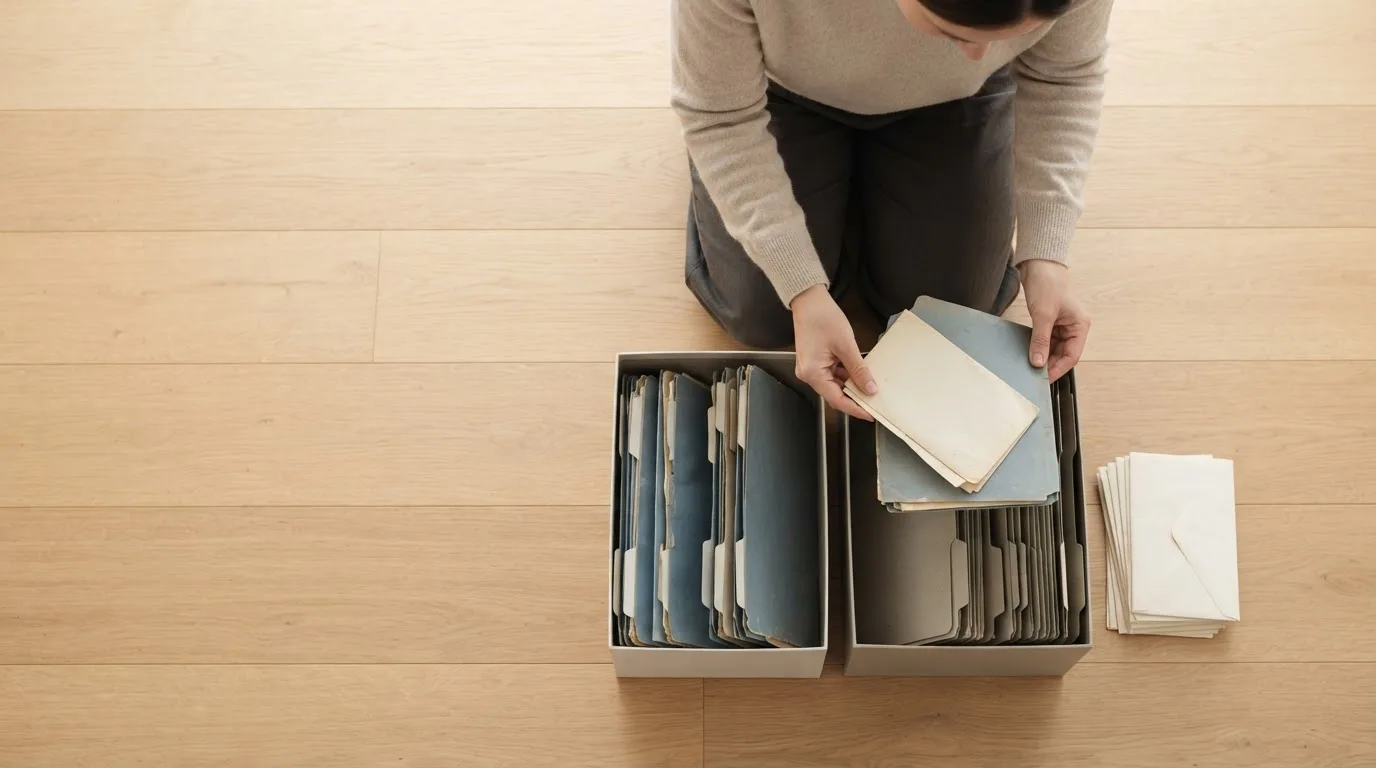 Pasta de documentos organizada em ordem cronológica ao lado de um notebook e um passaporte