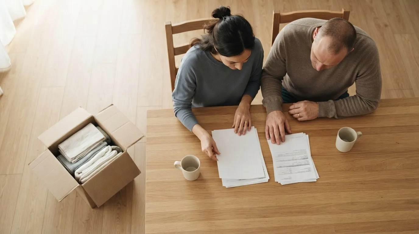 Casal à mesa com documentos fiscais e uma calculadora, em uma sala iluminada por luz natural