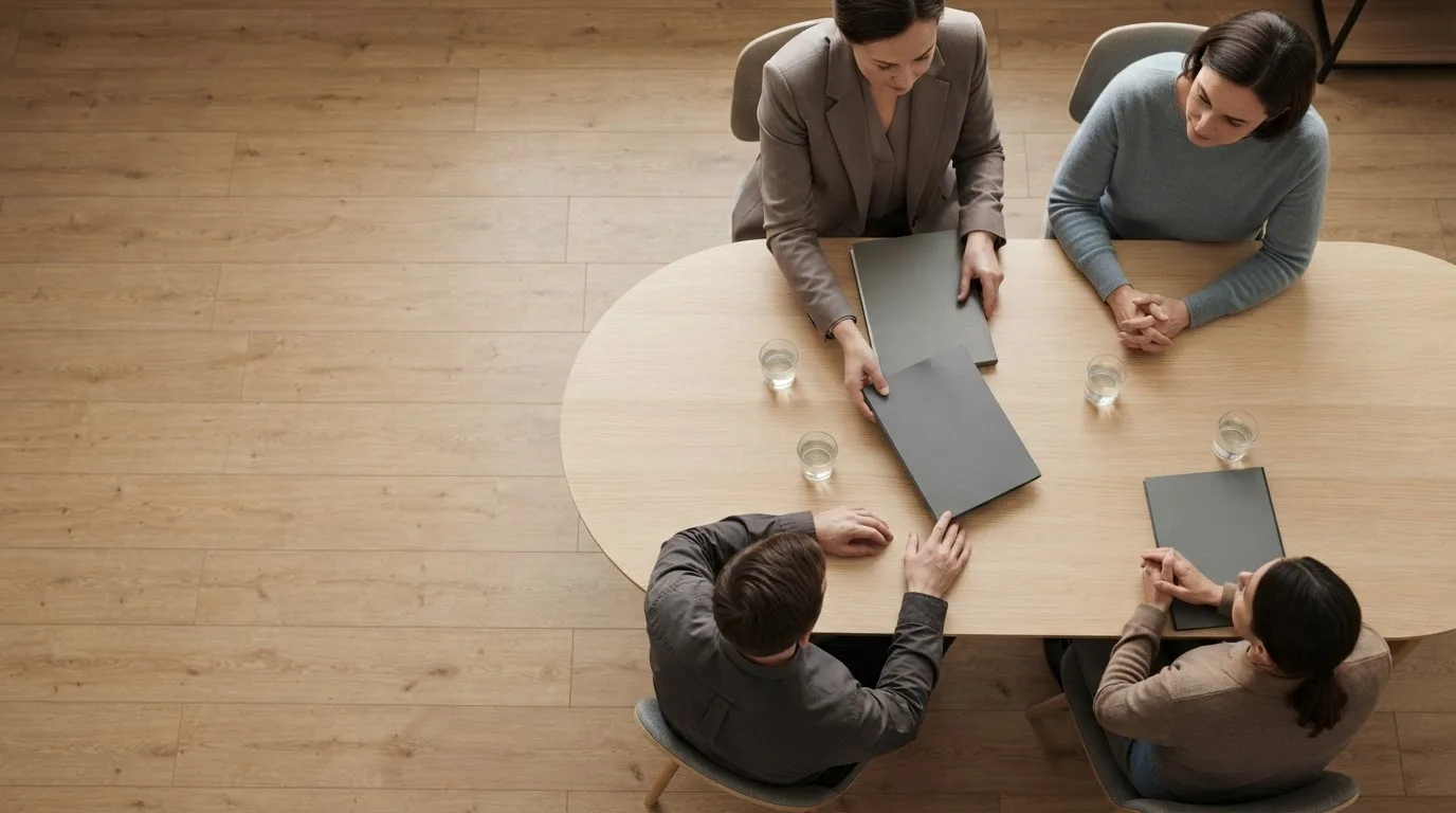 Dois profissionais apertando as mãos sobre uma mesa de reunião com documentos e um notebook