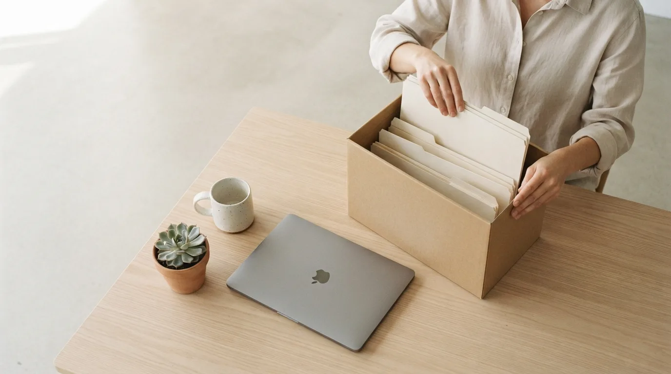 Mesa com uma pasta de documentos societários, um carimbo e um notebook aberto com planilha de contas