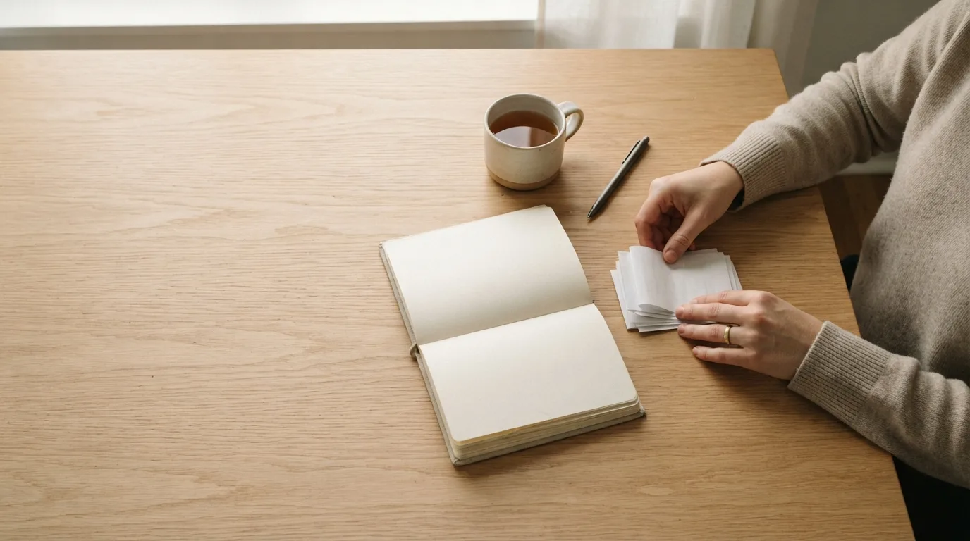 Pasta de documentos e um notebook sobre uma mesa de escritório, com uma caneta ao lado de um bloco de anotações