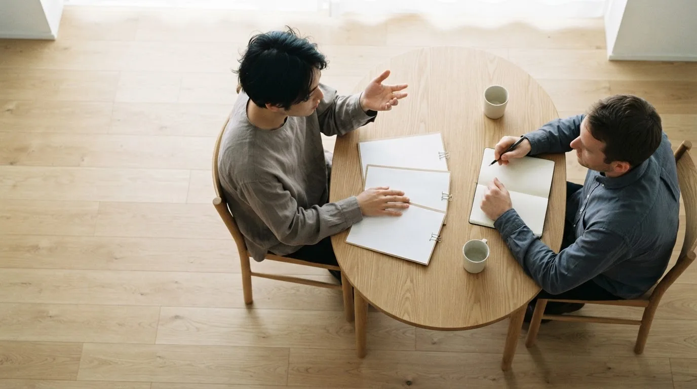 Duas pessoas conversando em uma mesa de reunião, com propostas impressas e um bloco de anotações