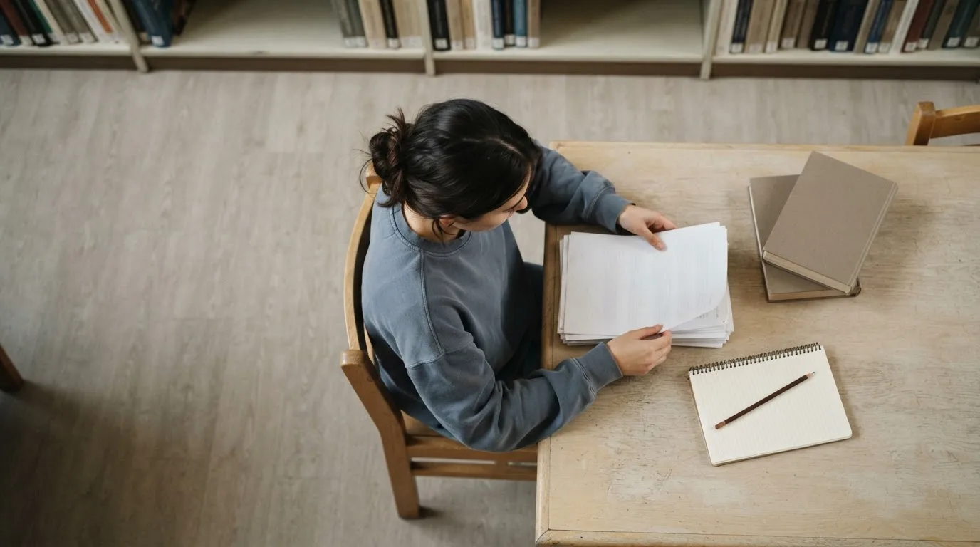 Mochila, notebook e pasta de documentos sobre uma mesa de biblioteca universitária, em tons de azul e cinza