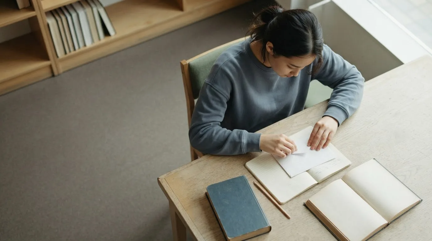 Estudante sentado em uma biblioteca universitária com um notebook e uma pasta de documentos