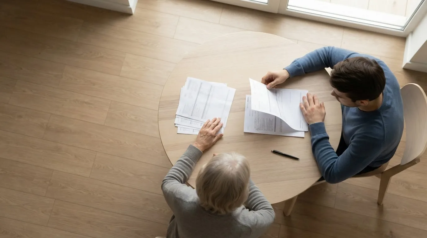 Duas pilhas de extratos bancários lado a lado sobre uma mesa, com uma calculadora e uma caneta