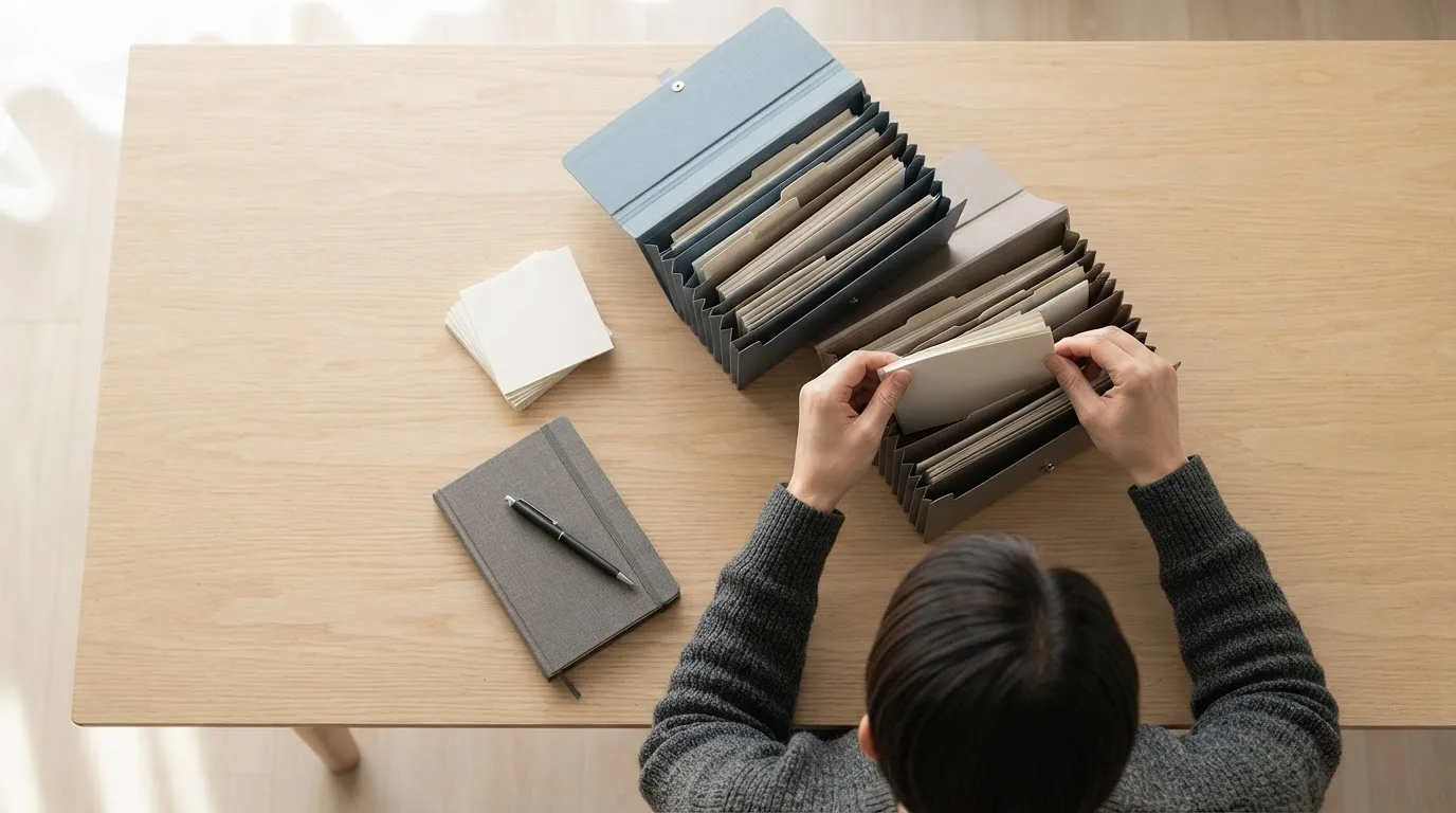 Pastas organizadas em uma prateleira e um notebook com uma lista de tarefas aberta sobre uma mesa