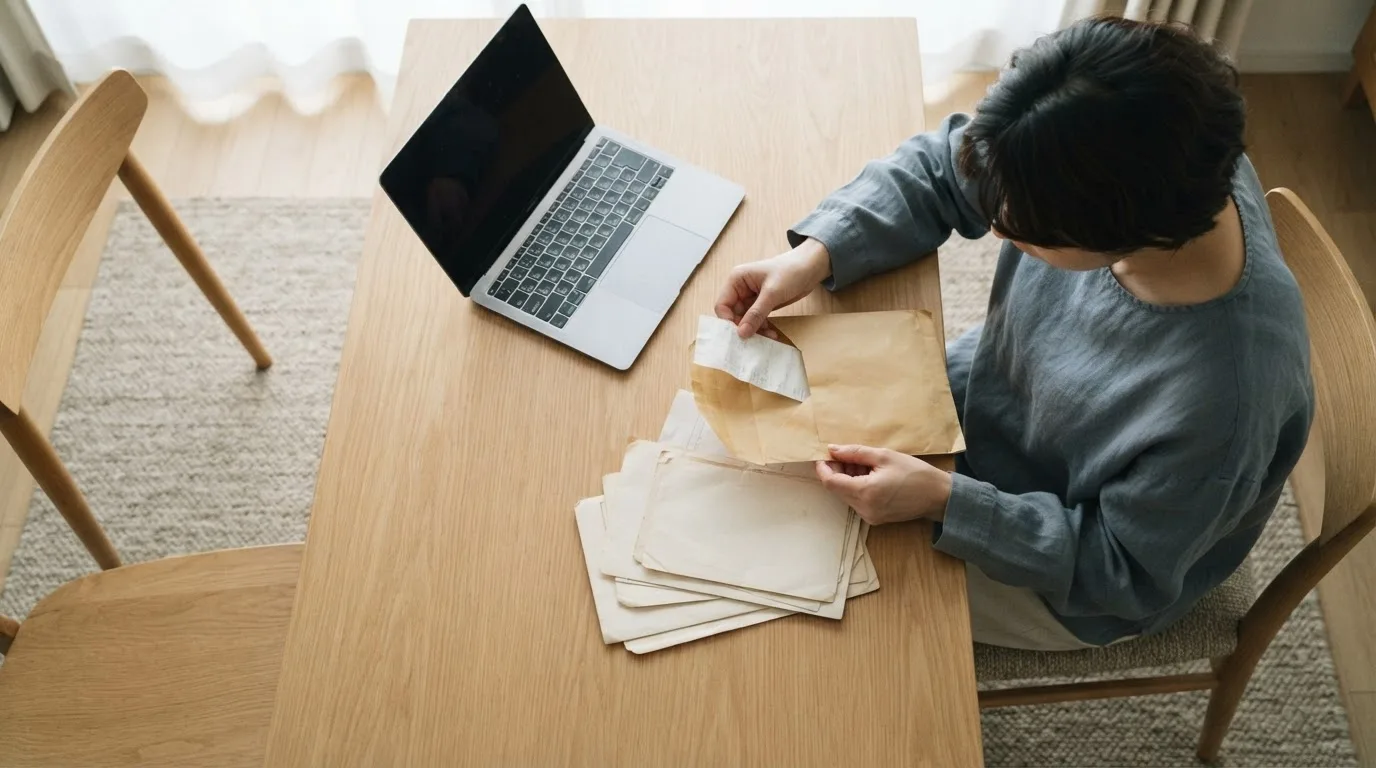 Passaporte, notebook aberto e uma pasta de documentos sobre uma mesa de trabalho, em luz natural