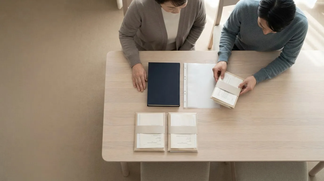 Pessoa revisando uma escritura de trust e formulários impressos ao lado de uma xícara de café