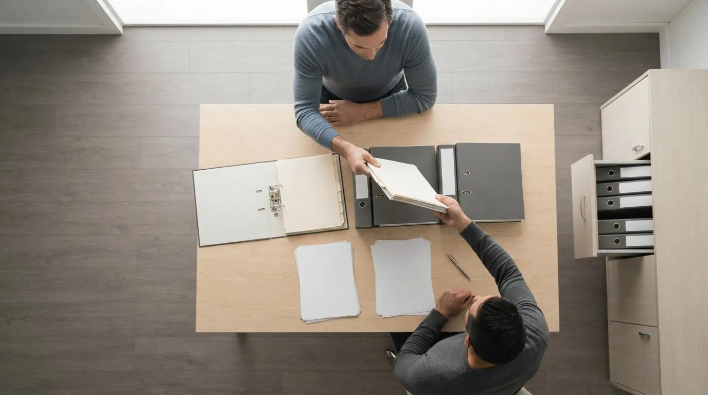 Contador em uma mesa com balanço patrimonial impresso, calculadora e contrato social aberto ao lado de um notebook