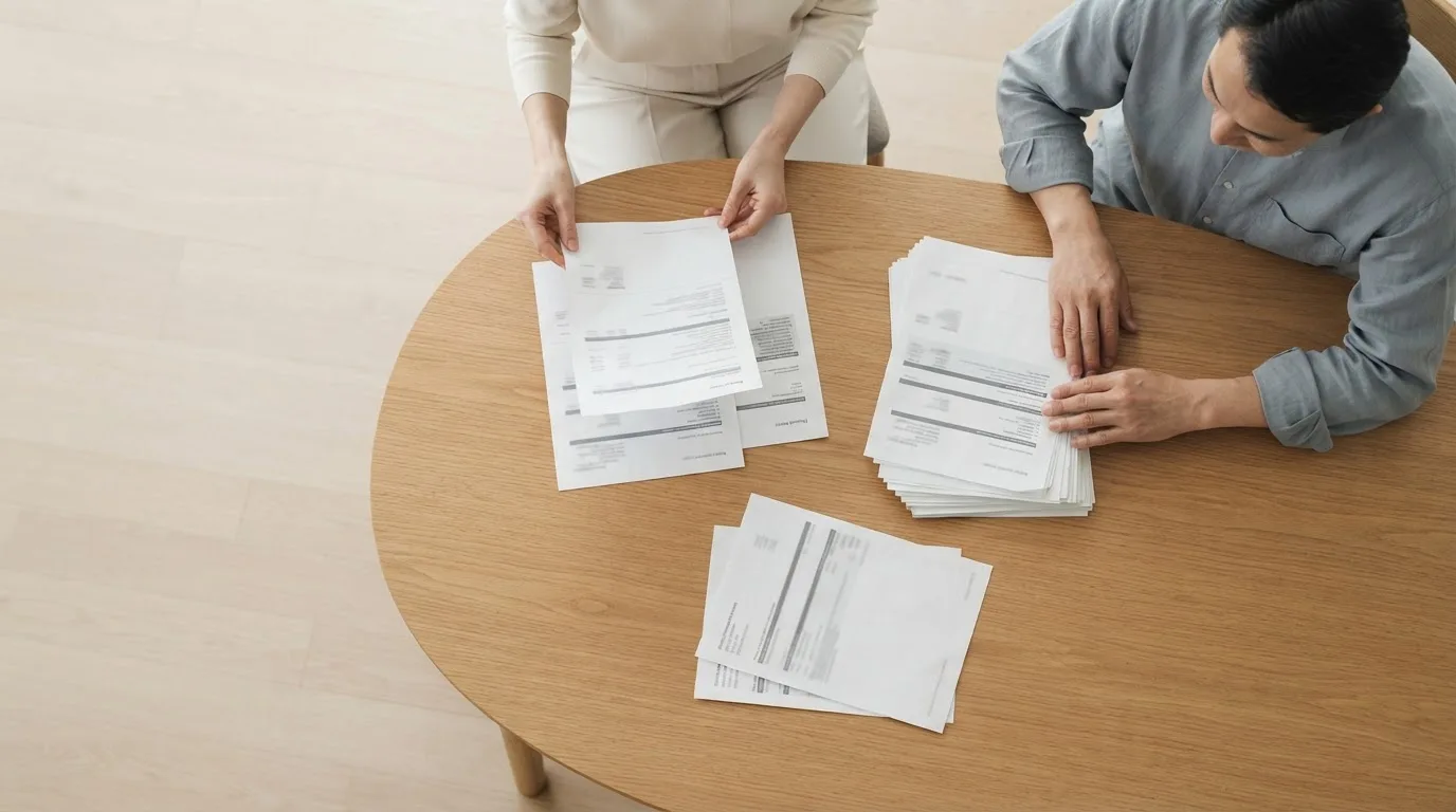 Pessoa em um escritório doméstico comparando extratos de investimentos impressos ao lado de um notebook