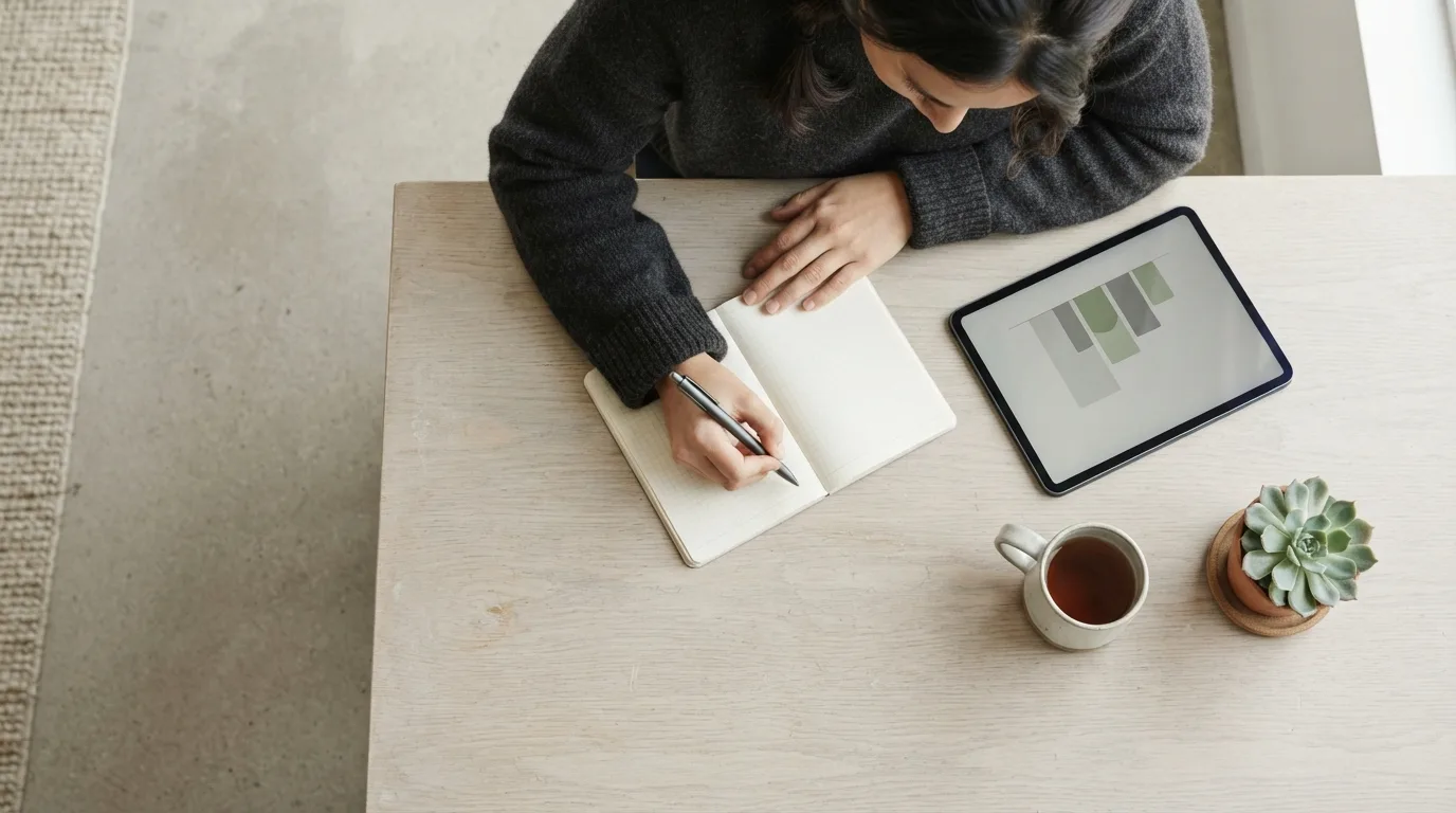 Extratos de corretora e uma calculadora sobre uma mesa de madeira, com um notebook aberto ao fundo