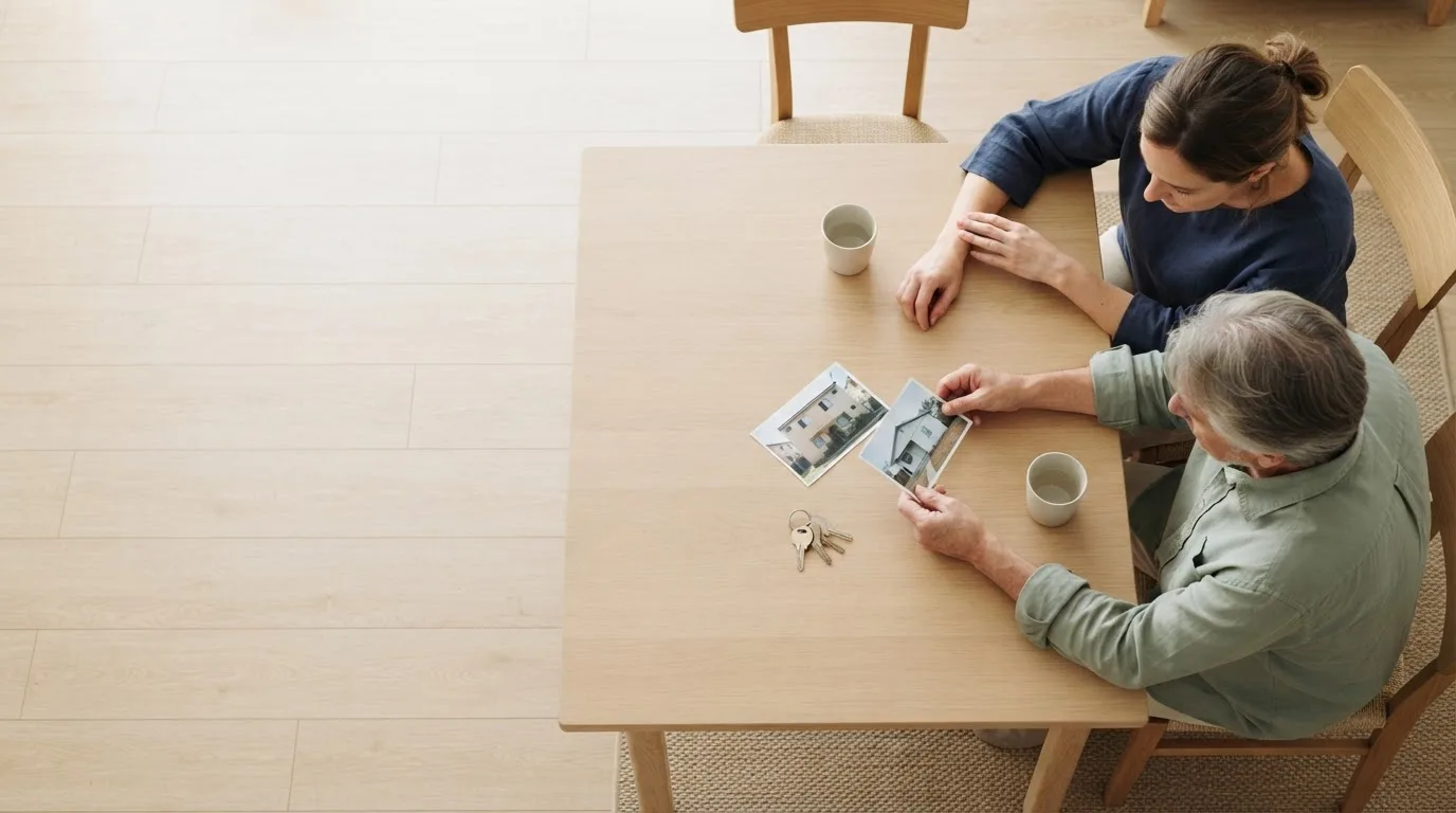 Casal mais velho à mesa da sala analisando documentos com um planejador