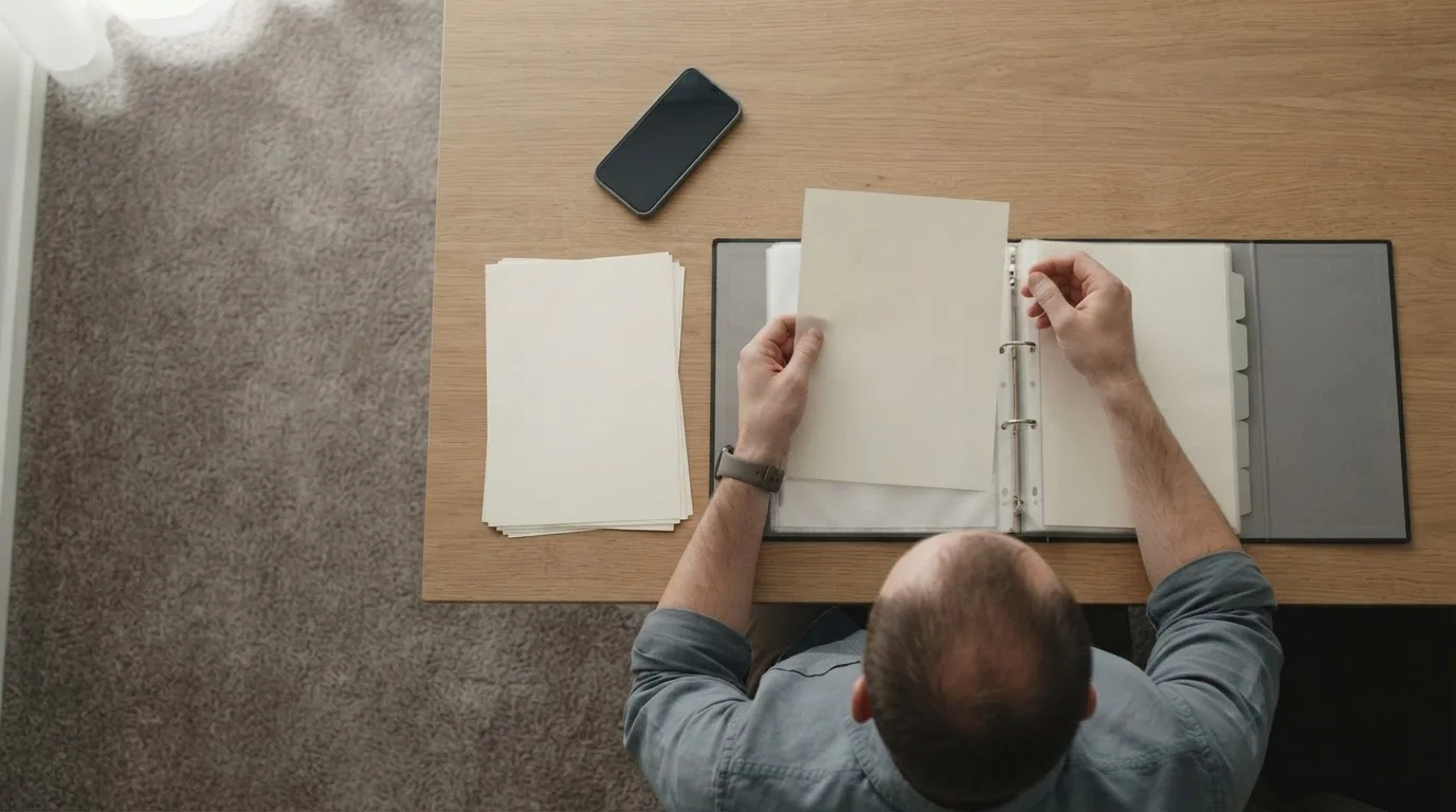 Pasta de documentos com atas assinadas e um carimbo sobre uma mesa de escritório, com luz natural