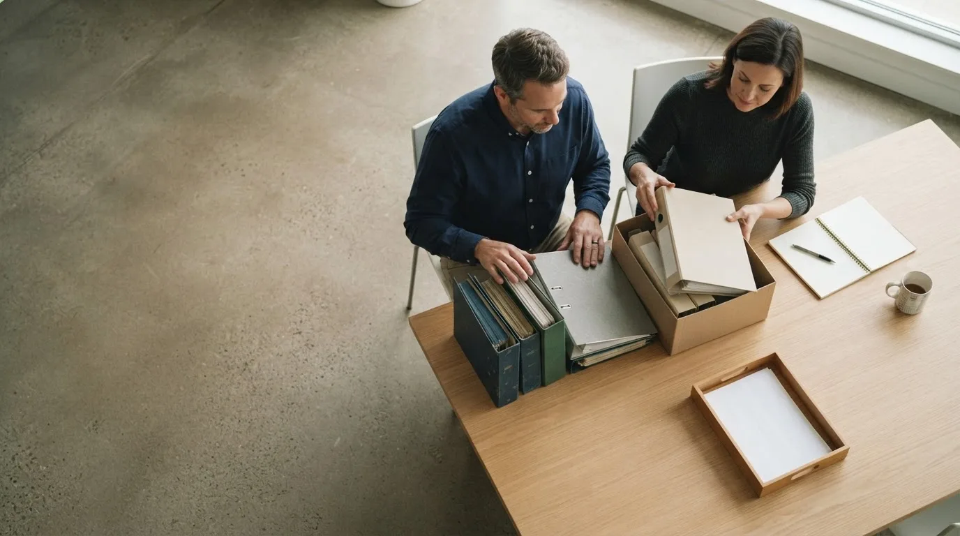 Mesa de trabalho com documentos societários, notebook e xícara de café em escritório iluminado