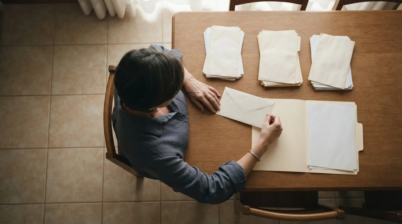 Pasta com documentos de família, uma caneta e uma chave sobre uma mesa de madeira em ambiente calmo