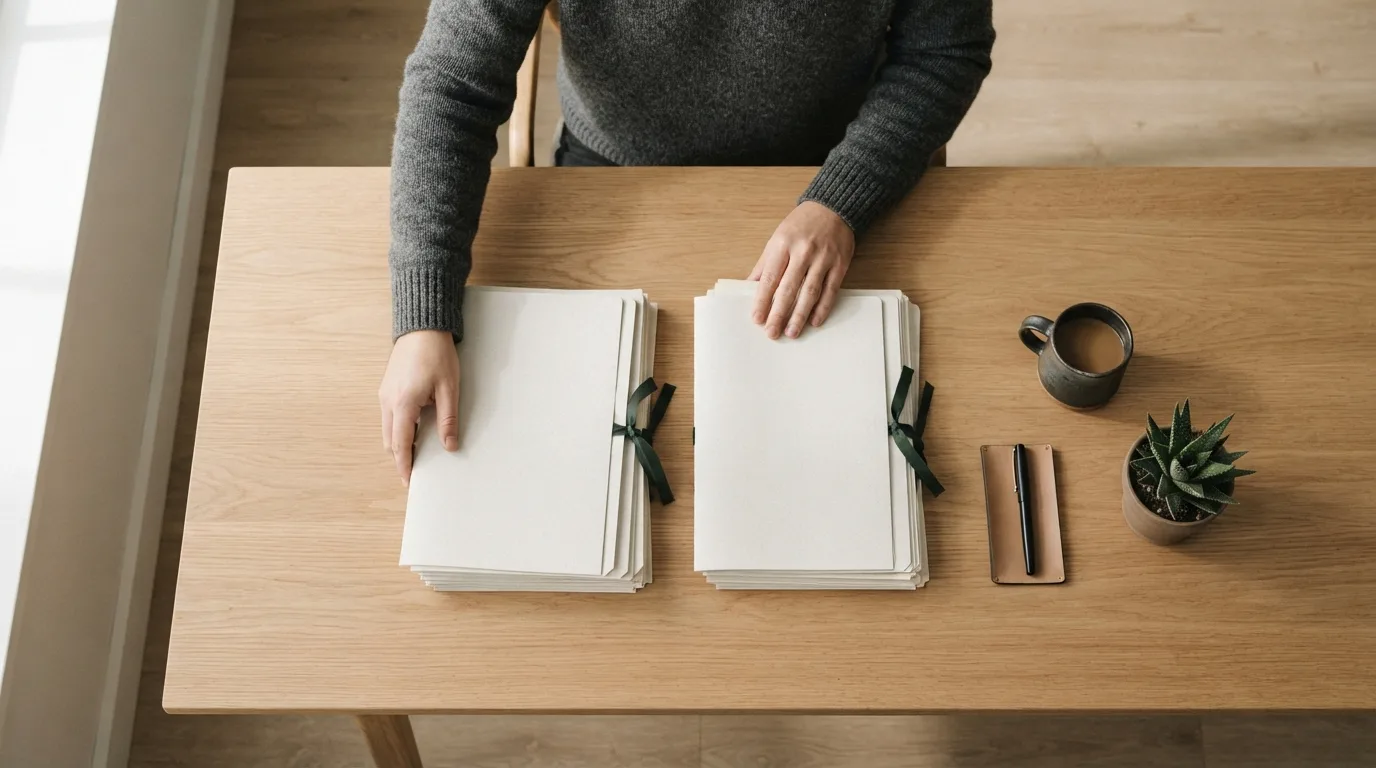Pasta de documentos societários, livro de atas e calculadora sobre uma mesa de escritório com luz natural