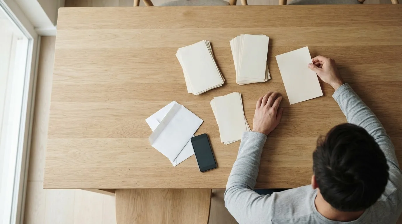 Mesa de trabalho com três documentos fiscais empilhados, uma calculadora e um caderno de anotações