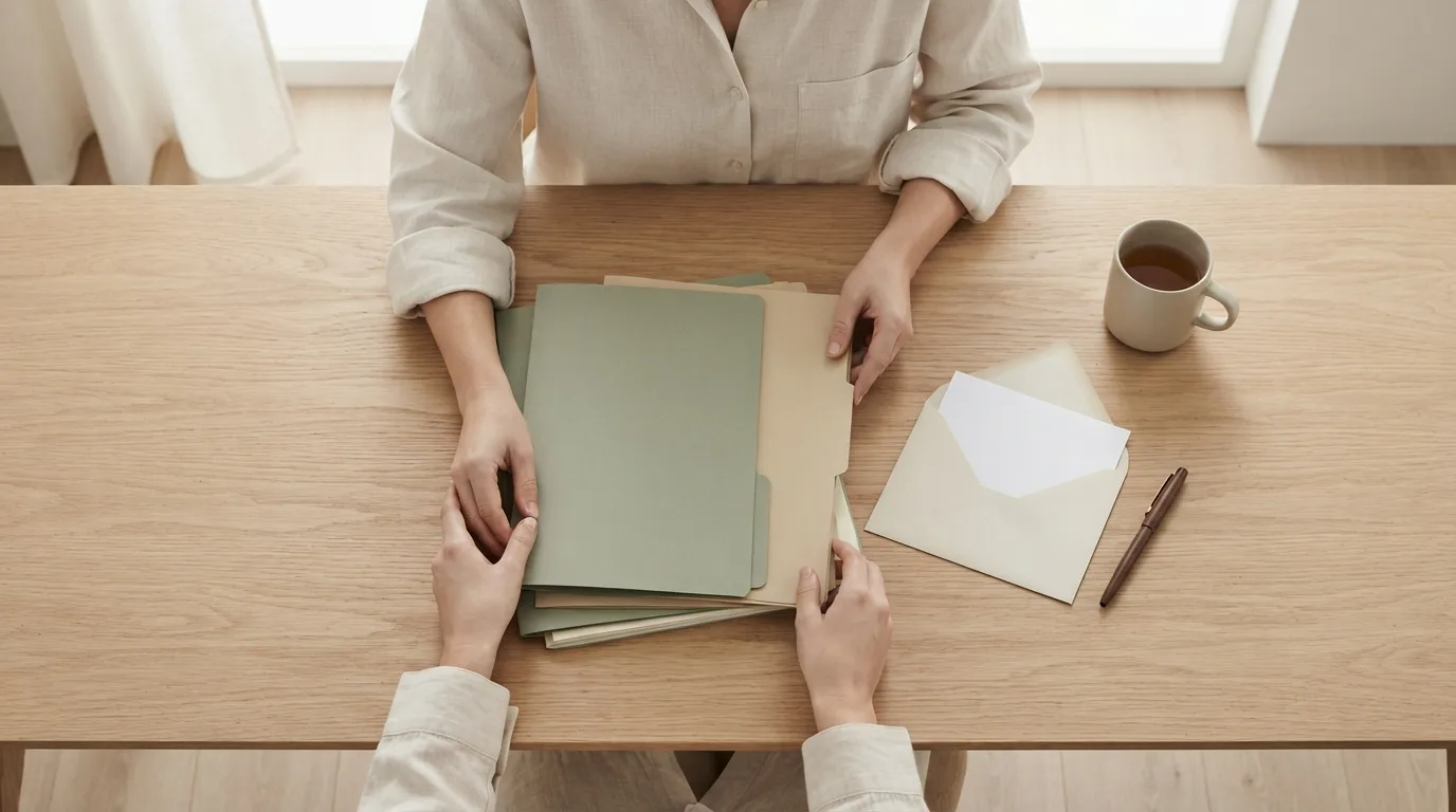 Envelope aberto e uma carta sobre uma mesa, ao lado de uma pasta de documentos e uma caneta
