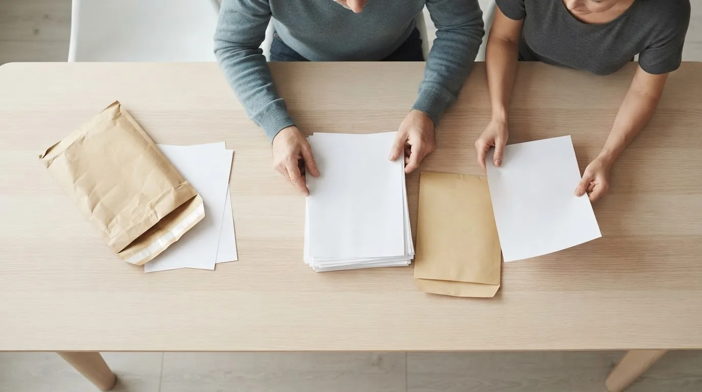 Envelope do correio aberto sobre uma mesa, com um passaporte e uma pasta de documentos ao lado