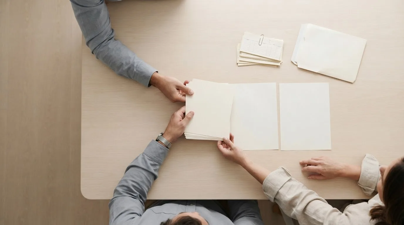Pasta de documentos e um notebook com planilha aberta sobre uma mesa, com uma xícara ao lado