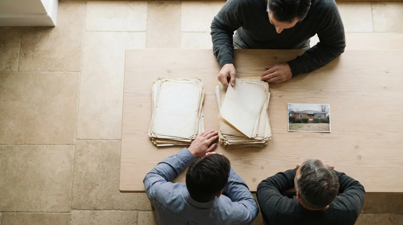 Pasta de documentos e calculadora sobre uma mesa de escritório, com uma janela ao fundo