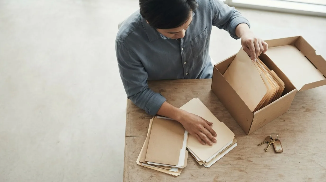 Pasta de documentos societários aberta sobre uma mesa, com um notebook mostrando a página de consulta de um registro estadual