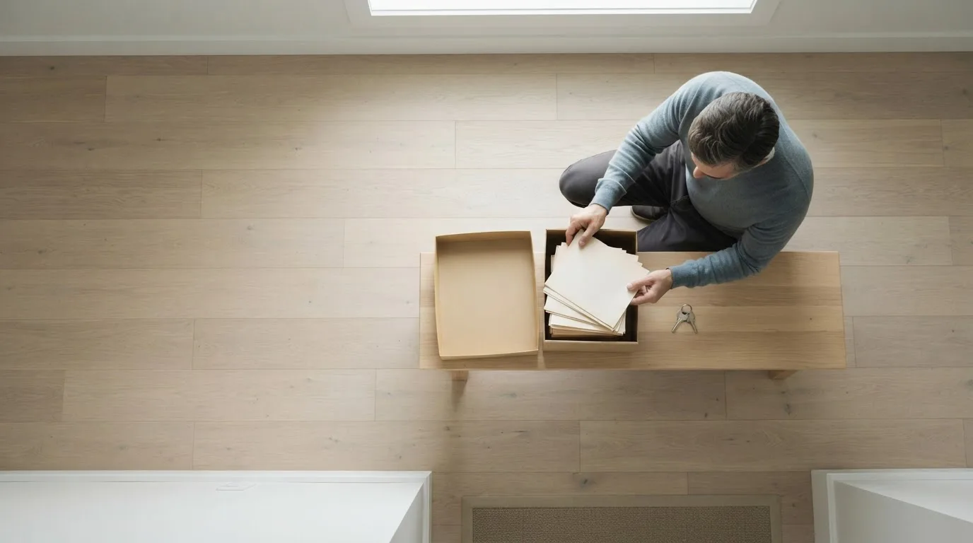 Pasta de documentos e laptop sobre uma mesa de escritório, com luz natural entrando por uma janela