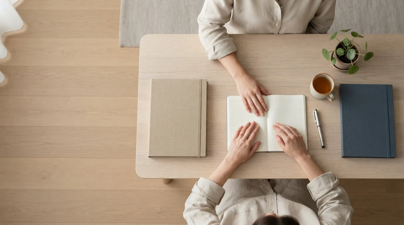 Duas pilhas de documentos lado a lado sobre uma mesa de trabalho, com um calendário aberto ao fundo